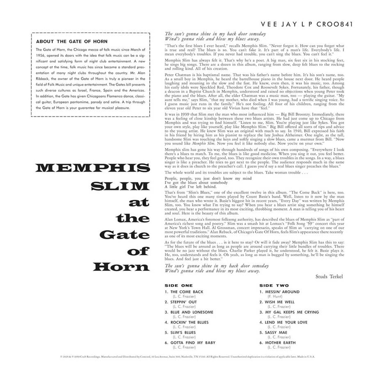 Memphis Slim - At the Gate of Horn - Bluesville Acoustic Sounds Series LP