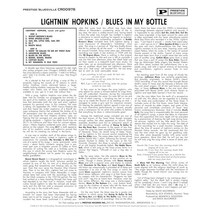 Lightnin' Hopkins - Blues In A Bottle - Bluesville Acoustic Sounds Series LP