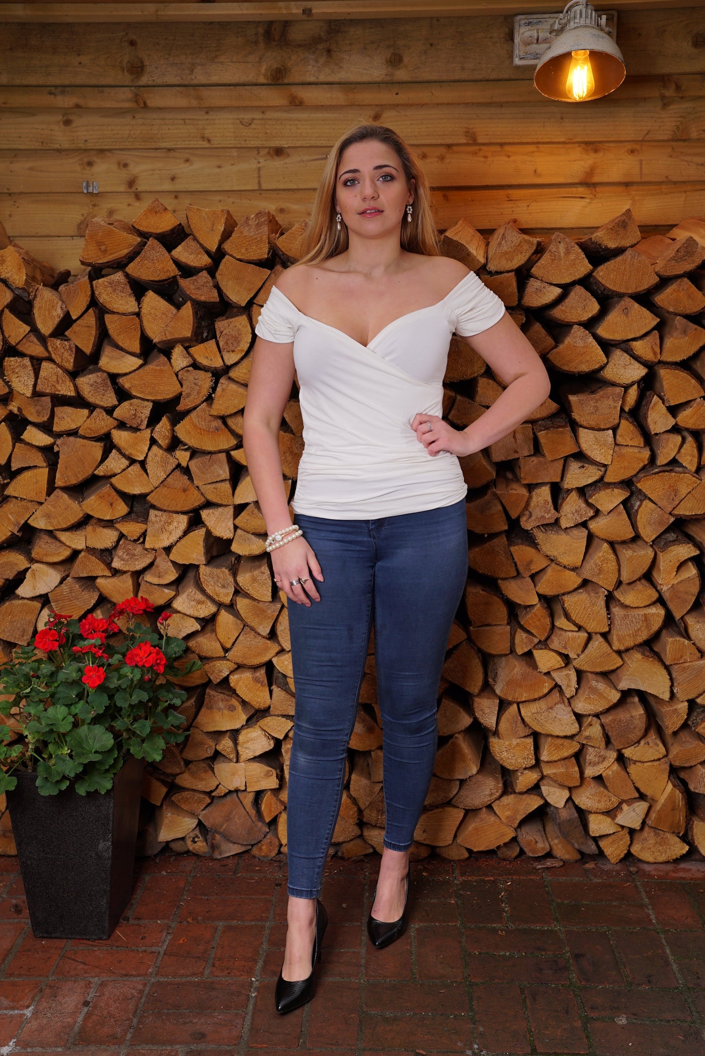 Wrap Front Top with Ruched Shoulder Detail