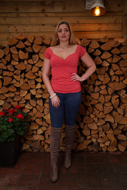 Wrap Front Top with Ruched Shoulder Detail