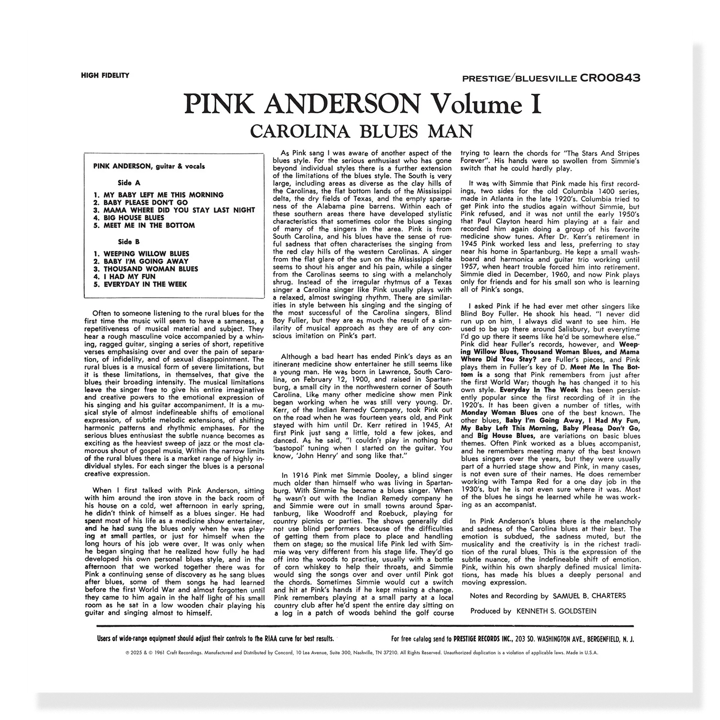 Pink Anderson - Volume 1: Carolina Blues Man - Bluesville Acoustic Sounds Series LP